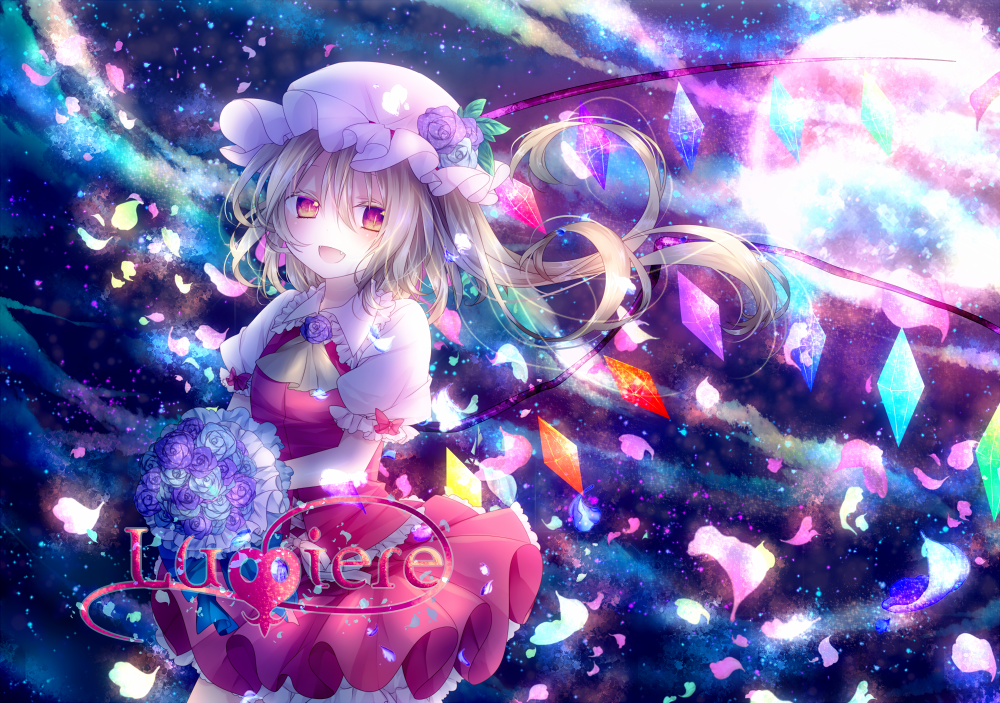 bad_id bad_pixiv_id blonde_hair blue_flower blue_rose blush crystal dress fang flandre_scarlet flower french full_moon hat moon neckerchief night night_sky open_mouth petals purple_flower purple_rose red_eyes riichu rose rose_petals short_hair side_ponytail sky smile solo star_(sky) touhou wings