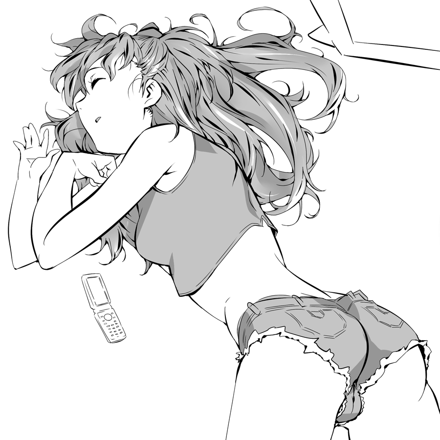 ass baba_arumi bad_id bad_pixiv_id bare_shoulders cellphone closed_eyes crop_top denim denim_shorts greyscale long_hair lying midriff monochrome neon_genesis_evangelion phone short_shorts shorts sleeping solo souryuu_asuka_langley