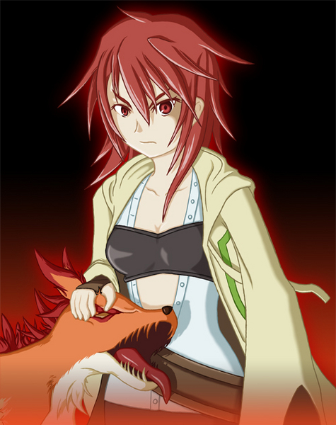 belt coat duel_monster fox foxfire hiita hitodama red_eyes red_hair yu-gi-oh!