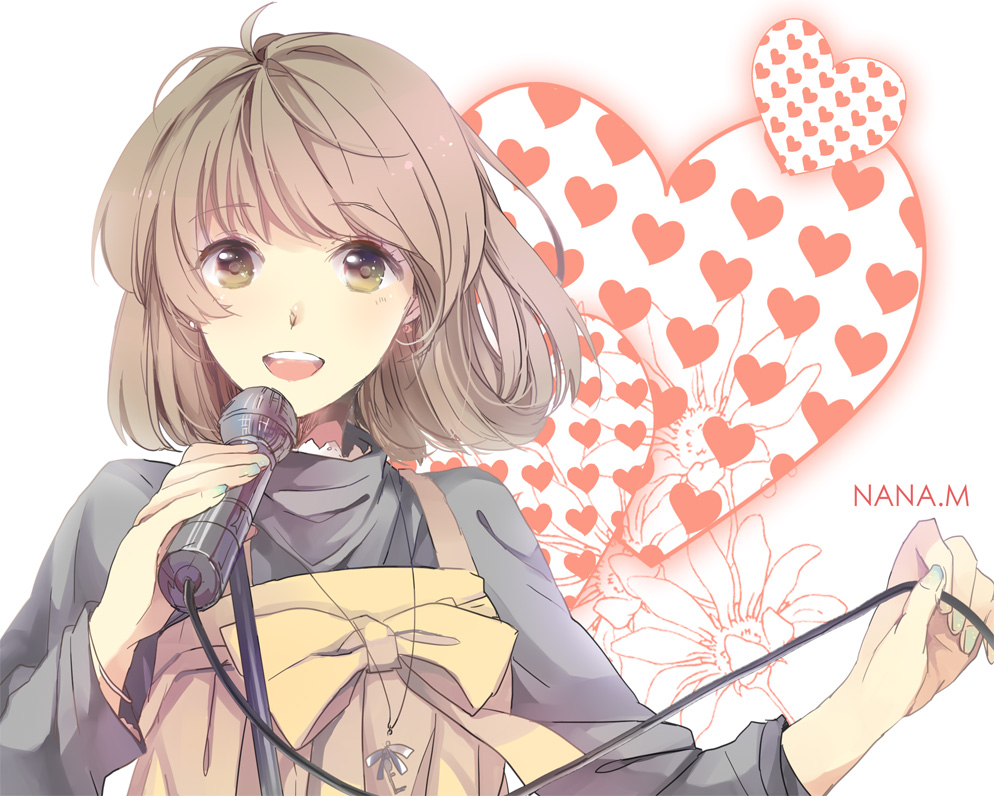 bad_id bad_pixiv_id brown_eyes brown_hair copyright_request flower heart microphone microphone_stand music s-kura short_hair singing smile solo upper_body
