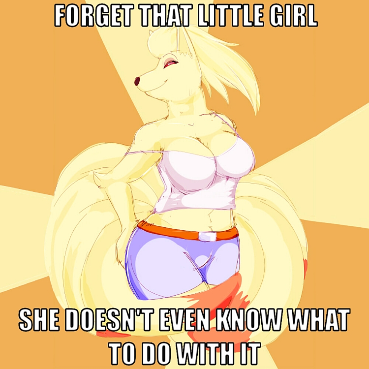 big_breasts blonde_hair breasts canine cleavage clothed clothing english_text female fox hair herro image_macro kitsune mammal milf milftails mother multiple_tails ninetales nintendo parent pok&#233;mon pok&#233;morph pok&eacute;mon red_eyes smile solo tail text the_truth video_games