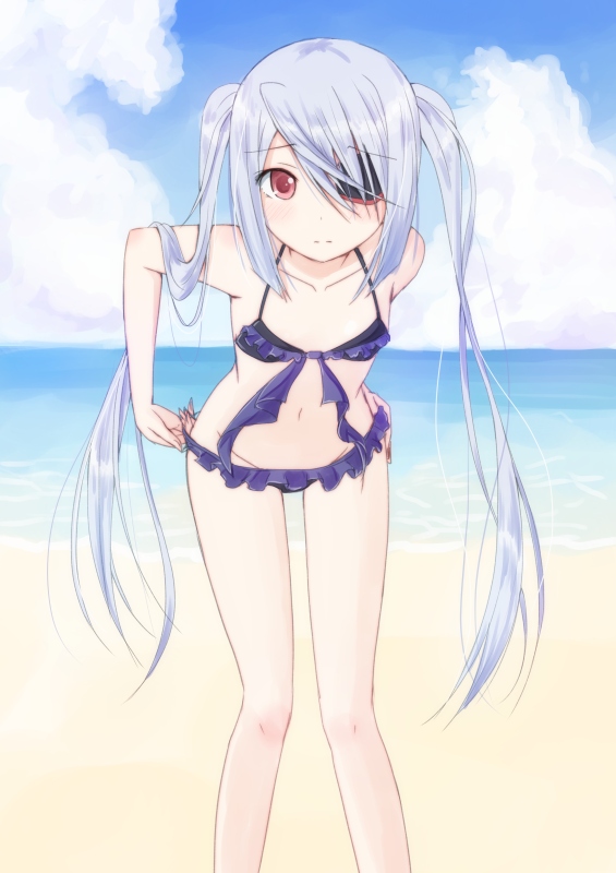 adjusting_clothes adjusting_swimsuit bad_id bad_pixiv_id banned_artist bare_shoulders blush cloud day eyepatch infinite_stratos laura_bodewig long_hair mirai_(macharge) red_eyes silver_hair sky solo swimsuit twintails water