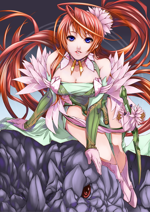 bare_shoulders blue_eyes breasts cleavage copyright_request detached_sleeves flower gloves hair_flower hair_ornament long_hair medium_breasts paolo_antonio_aguasin ponytail red_eyes red_hair solo sword very_long_hair weapon
