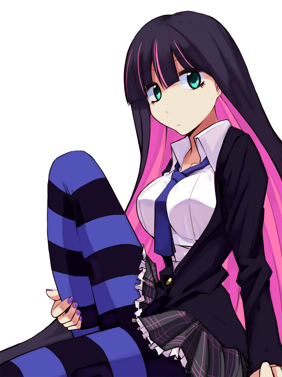 bad_id bad_pixiv_id between_breasts breasts highres kuro_(1968) large_breasts panty_&amp;_stocking_with_garterbelt pantyhose sitting solo stocking_(psg) striped striped_legwear