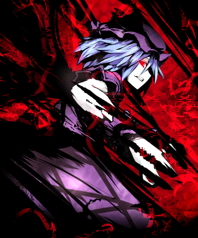 blue_hair clenched_teeth hands hat profile red_eyes remilia_scarlet short_hair solo soubi teeth touhou