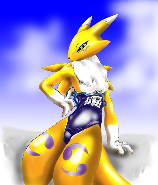 blue_eyes breasts canine claws digimon female fox renamon solo standing swimsuit tail undressing unknown_artist yellow
