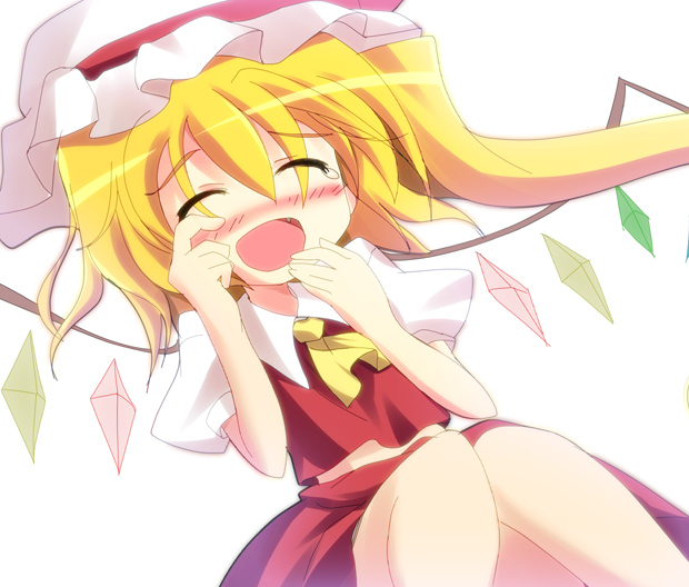 :d ascot blonde_hair blush closed_eyes dress fang flandre_scarlet geo_(yukishitadou) hand_to_own_mouth happy happy_tears hat hat_ribbon midriff open_mouth red_dress ribbon side_ponytail simple_background smile solo tears touhou wings wiping_tears