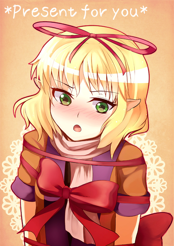 :o blonde_hair blush english greave_(asterism) green_eyes hair_ribbon mizuhashi_parsee open_mouth pointy_ears ribbon scarf solo touhou upper_body