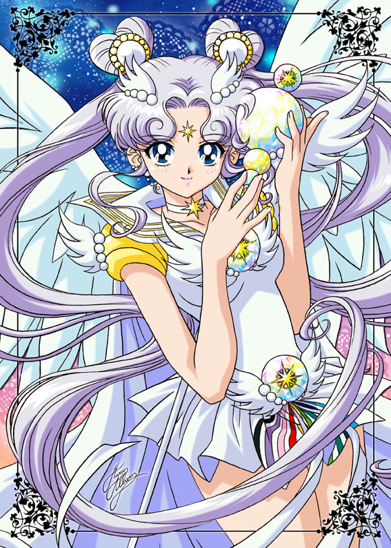 angel_wings anime_coloring bare_arms bishoujo_senshi_sailor_moon blue_eyes brooch cape choker cowboy_shot doily double_bun dress earrings facial_mark forehead_mark frame hair_ornament hairpin heart jewelry lavender_hair long_hair magical_girl marco_albiero official_style pleated_skirt sailor_collar sailor_cosmos sailor_senshi_uniform short_dress short_sleeves signature silver_hair skirt smile solo staff very_long_hair white_choker white_dress white_hair white_sailor_collar wings