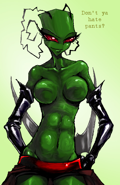 abs alien antennae breasts crossgender female gloves green invader_zim irken karis looking_at_viewer navel nude pin_up red_eyes smirk solo uppertorso weapon xeno