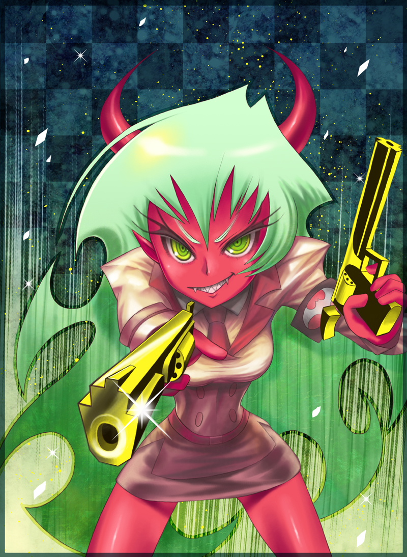 demon_girl double_gold_lacytanga gun horns panty_&amp;_stocking_with_garterbelt red_skin scanty scanty_(psg) smile weapon