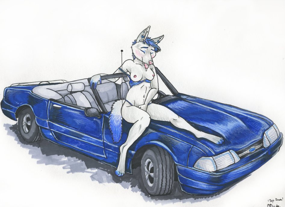 blue_hair breasts canine car coyote decolor_domina ear_piercing earring eyes_closed female fingering hair masturbation muscle_car mustang nude panting piercing solo vehicle white_background