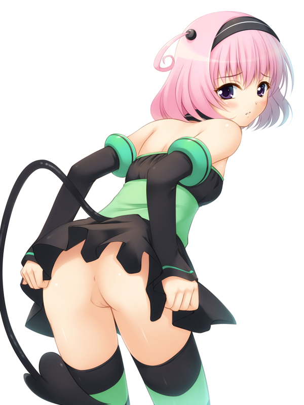 anus bad_id bad_pixiv_id bare_shoulders blush demon_tail detached_sleeves hairband looking_back momo_velia_deviluke no_panties open_mouth orange_(satsurikukuma) pink_hair short_hair solo striped striped_legwear tail thighhighs to_love-ru to_love-ru_darkness