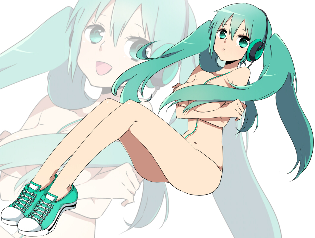 :&lt; breast_lift breasts crossed_arms green_eyes green_hair hatsune_miku headphones large_breasts long_hair no_socks nude ppera shoes sitting sneakers solo twintails vocaloid zoom_layer