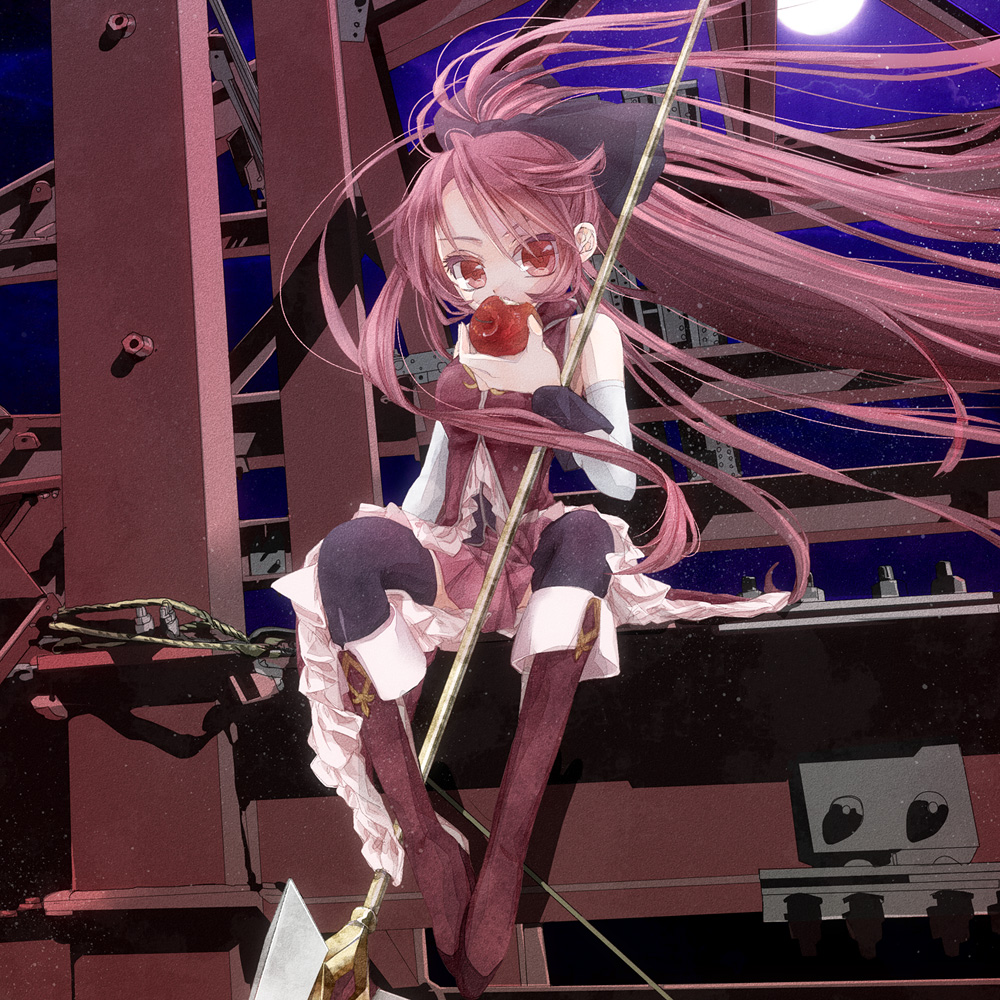 218 apple bare_shoulders boots construction_site detached_sleeves eating floating_hair food fruit full_moon long_hair mahou_shoujo_madoka_magica moon night pink_hair polearm ponytail red_eyes sakura_kyouko sitting solo spear thighhighs weapon