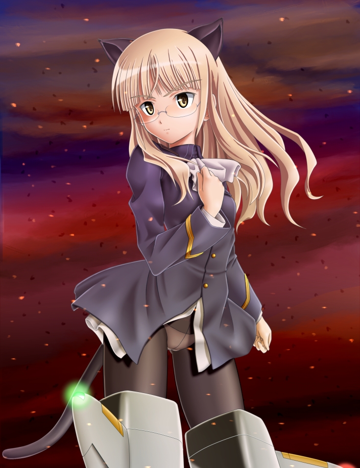 animal_ears black_legwear blonde_hair cat_ears cravat crotch_seam embers glasses glowing hand_on_own_chest long_hair military military_uniform mushoku_no_hourousha panties panties_under_pantyhose pantyhose perrine_h_clostermann sky solo strike_witches striker_unit tail underwear uniform world_witches_series yellow_eyes