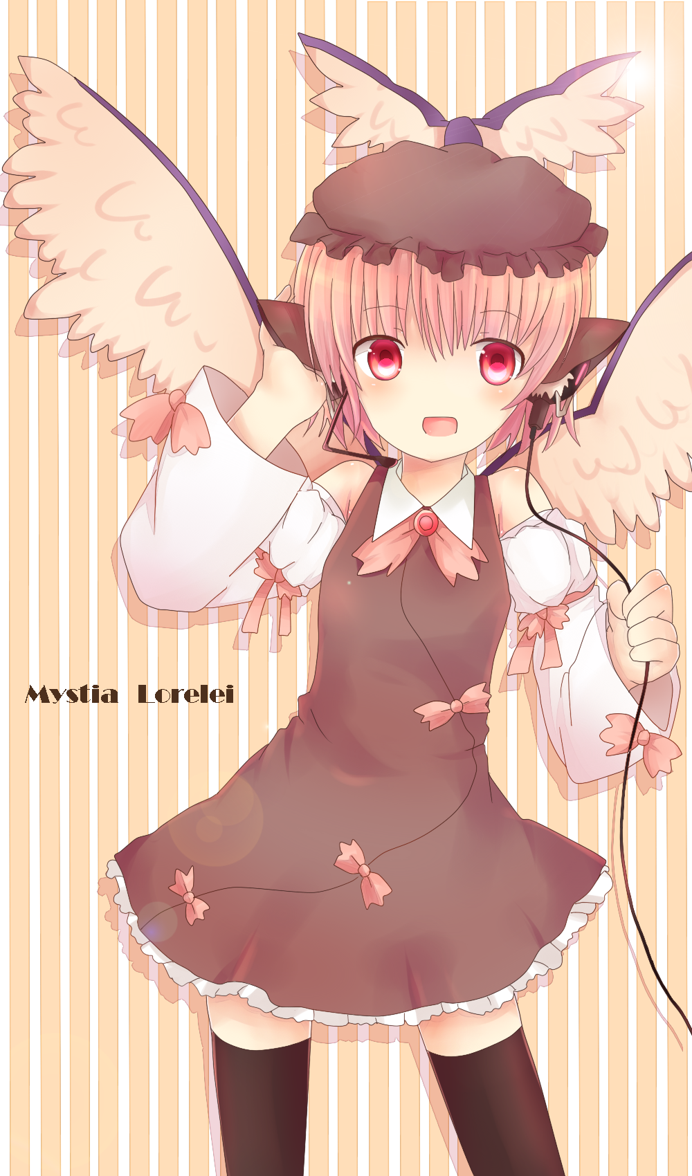 adapted_costume animal_ears bad_id bad_pixiv_id bare_shoulders black_legwear blush dress earphones earrings hand_on_ear hat highres ichihashi jewelry lens_flare mystia_lorelei pink_hair red_eyes short_hair smile solo striped striped_background thighhighs touhou wings