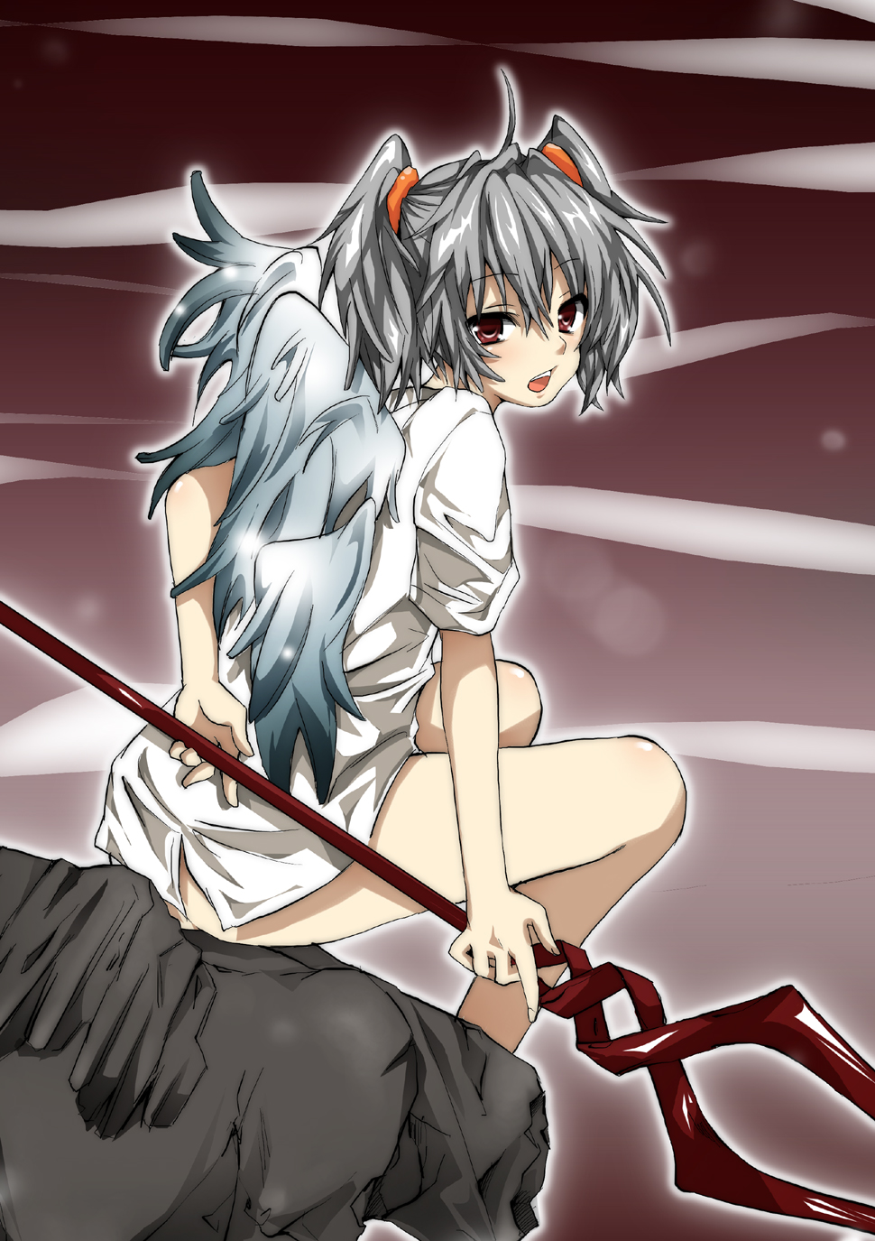 angel angel_chromosome_xx bad_id bad_pixiv_id grey_hair highres lance_of_longinus legs looking_back neon_genesis_evangelion red_eyes shirt shouno_kotarou sitting solo tabris tabris-xx twintails wings