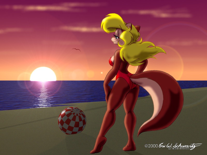 amy_squirrel beach butt eric_schwartz female one-piece_swimsuit rodent seaside squirrel sunset swimsuit