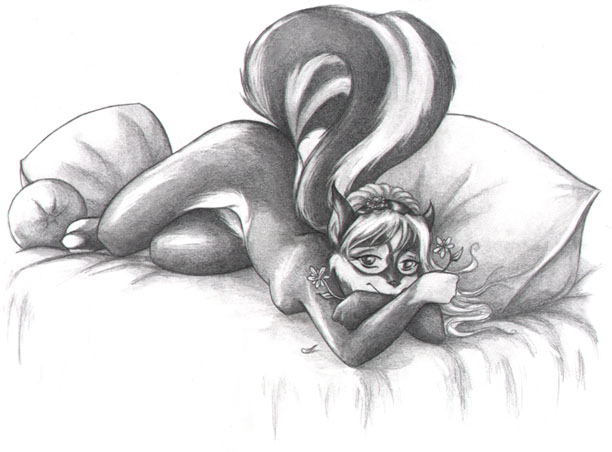bed female flower nude on_front pillow skunk solo tame unknown_artist