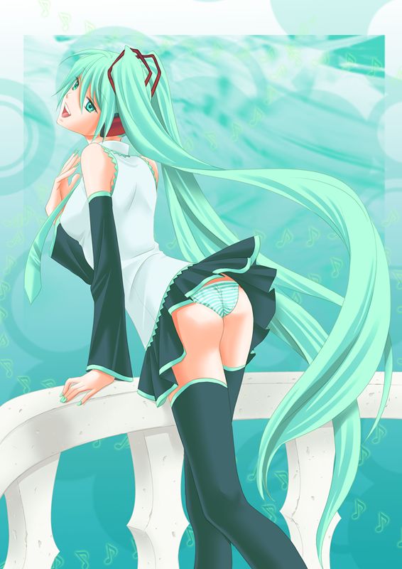 aqua_eyes aqua_hair detached_sleeves hatsune_miku long_hair necktie open_mouth panties skirt solo striped striped_panties thighhighs twintails underwear very_long_hair vocaloid