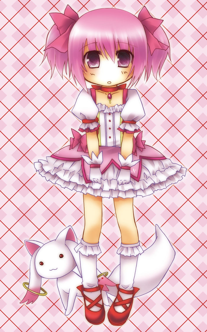 :3 animal_ears argyle argyle_background arms_at_sides bow bubble_skirt choker creature dress full_body gloves hair_ribbon jewelry kaname_madoka kneehighs kyubey magical_girl mahou_shoujo_madoka_magica misato_miyu pink pink_background pink_eyes pink_hair puffy_sleeves red_choker red_eyes ribbon shoes short_hair short_twintails skirt tail twintails