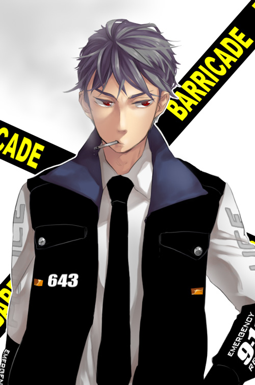 bad_id bad_pixiv_id barricade_(transformers) cigarette decepticon grey_hair jacket male_focus necktie nishiyama_(whatsoy) personification police red_eyes smoking solo transformers