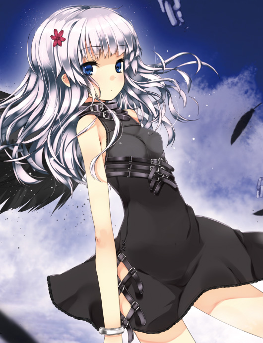 bangs bare_shoulders black_dress black_wings blue_eyes blush breasts chain character_request cover cowboy_shot dress dutch_angle eyes_visible_through_hair feathers flower hair_flower hair_ornament halterneck heart heart-shaped_pupils kakusei_idenshi_-_toki_kakeru_tsubasa lace lace-trimmed_dress long_hair looking_at_viewer looking_back official_art profile refeia short_dress side_cutout silver_hair sleeveless sleeveless_dress small_breasts solo standing strap symbol-shaped_pupils wings