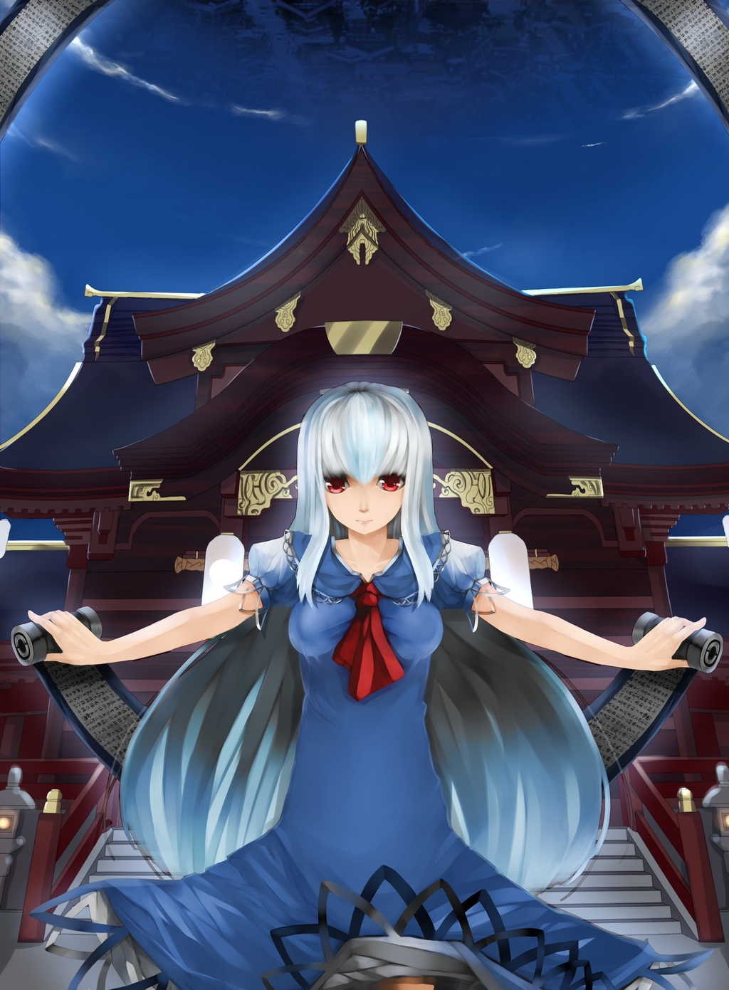 architecture bad_id bad_pixiv_id blue_hair breasts dress east_asian_architecture highres kamishirasawa_keine long_hair medium_breasts no_hat no_headwear omega_(endsunrise) outstretched_arms red_eyes scroll shrine silver_hair solo spread_arms touhou