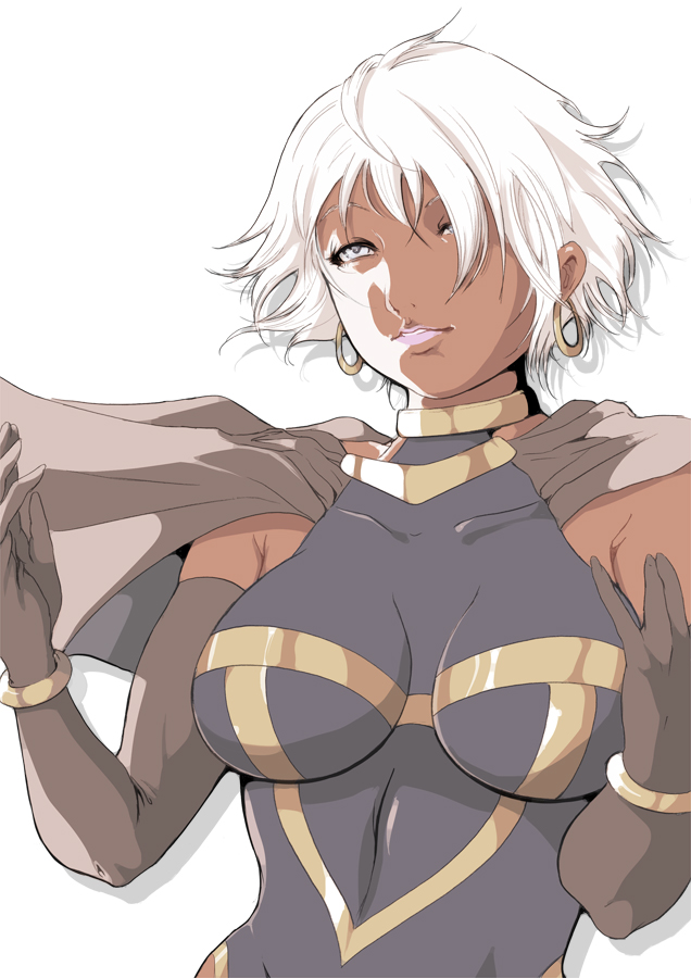 breasts cape dark_skin earrings elbow_gloves gloves impossible_clothes impossible_shirt inugami_mokekiyo jewelry large_breasts lips marvel shirt short_hair solo storm_(x-men) very_dark_skin white_hair x-men