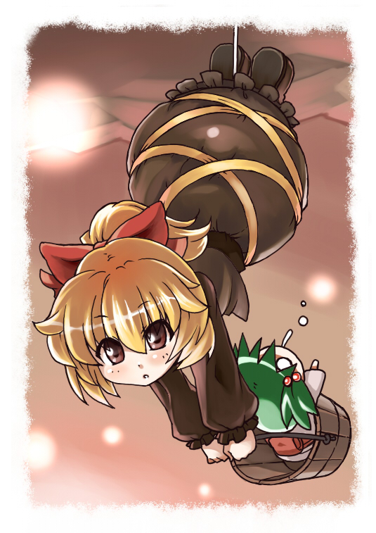 :o blonde_hair bow brown_eyes bucket green_hair hair_bobbles hair_bow hair_ornament hanging in_bucket in_container kisume kurodani_yamame looking_at_viewer multiple_girls o_o phenne short_hair touhou twintails