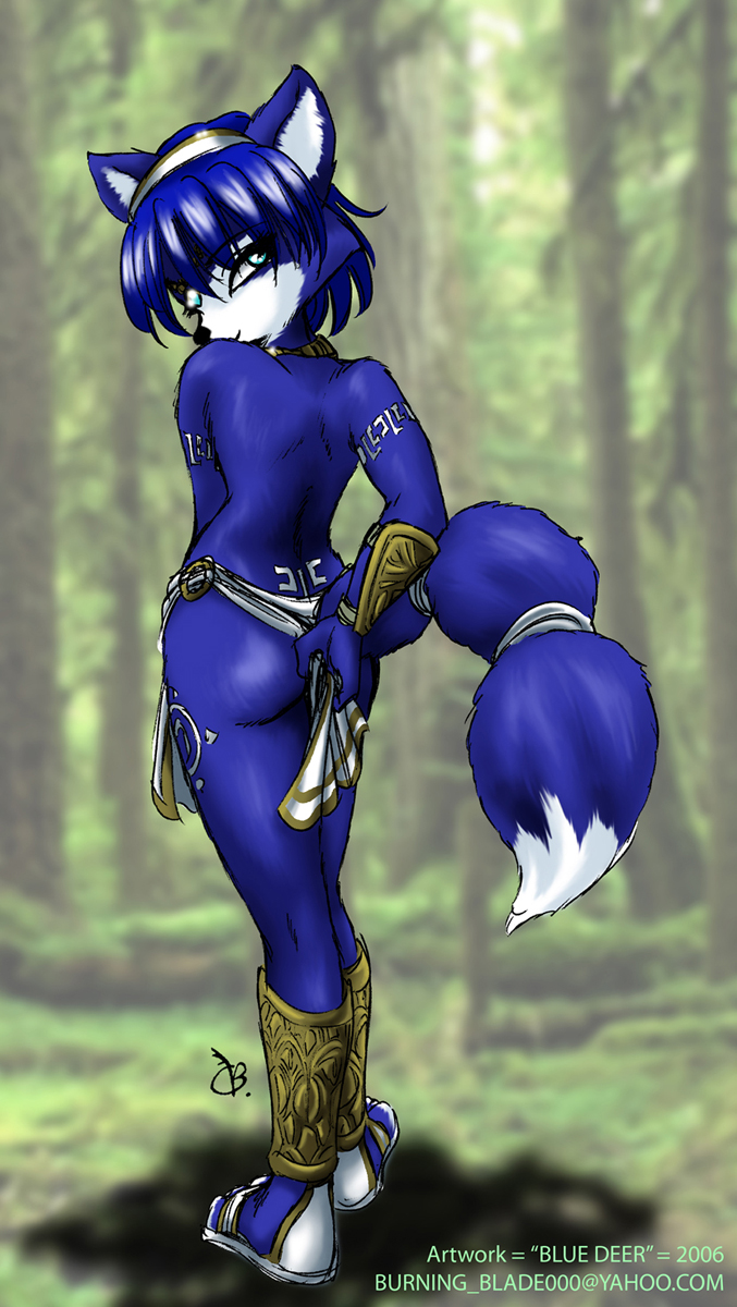canine clothed clothing female fox green_eyes krystal loincloth looking_back mammal nintendo skimpy solo standing star_fox tattoo topless underwear video_games