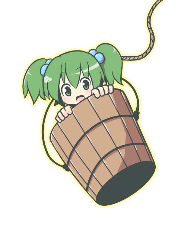 bad_id bad_pixiv_id bucket green_eyes green_hair hair_bobbles hair_ornament in_bucket in_container kisume open_mouth short_hair solo touhou transparent_background twintails wooden_bucket yuragi_(nukomomo)