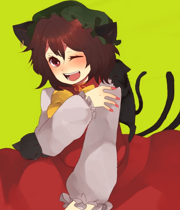 :d animal_ears bad_id bad_pixiv_id brown_eyes brown_hair cat cat_ears cat_tail chen earrings hat jewelry multiple_tails nail_polish naoko_(juvenile) one_eye_closed open_mouth short_hair simple_background smile solo tail touhou