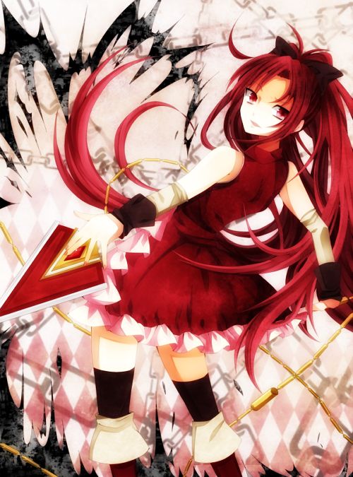 bad_id bad_pixiv_id bare_shoulders black_legwear boots bow chain detached_sleeves dress from_behind hair_bow hair_ornament ichioto long_hair looking_back magical_girl mahou_shoujo_madoka_magica polearm ponytail red_eyes red_hair sakura_kyouko solo spear thighhighs weapon witch's_labyrinth zettai_ryouiki