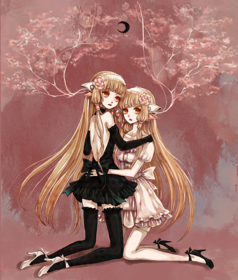 animal_ears back backless_dress backless_outfit bare_back bare_shoulders black_moon black_vs_white blonde_hair branch brown_background cherry_blossoms chii chobits choker clona crescent_moon dress elbow_gloves flower freya_(chobits) gloves green_dress green_legwear hair_flower hair_ornament hair_tubes hairband hand_on_shoulder high_heels hug kneeling long_hair moon multiple_girls orange_eyes parted_lips pink_skirt puffy_sleeves shoes short_sleeves siblings sisters skirt thighhighs twins very_long_hair white_legwear zettai_ryouiki
