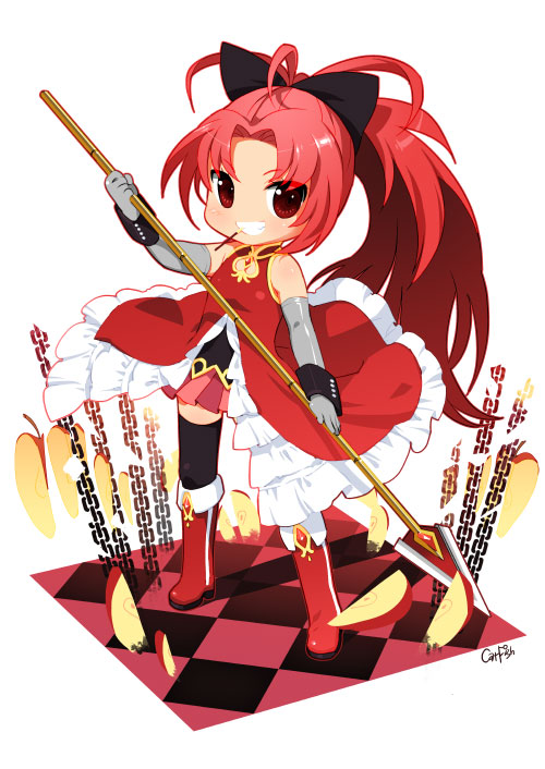 apple boots chain checkered checkered_floor chibi elbow_gloves food fruit full_body gloves grin knee_boots magical_girl mahou_shoujo_madoka_magica mao_yu mouth_hold pocky polearm ponytail red_eyes red_hair sakura_kyouko simple_background smile solo spear thighhighs weapon