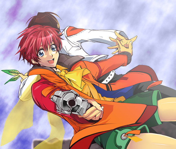 arnaud_g_vasquez bad_id bad_pixiv_id blue_background blue_eyes brown_hair coat feathers gloves green_shorts gun handgun happy jude_maverick looking_at_viewer male_focus merii multiple_boys necktie open_mouth pants red_hair revolver shorts sky weapon wild_arms wild_arms_4