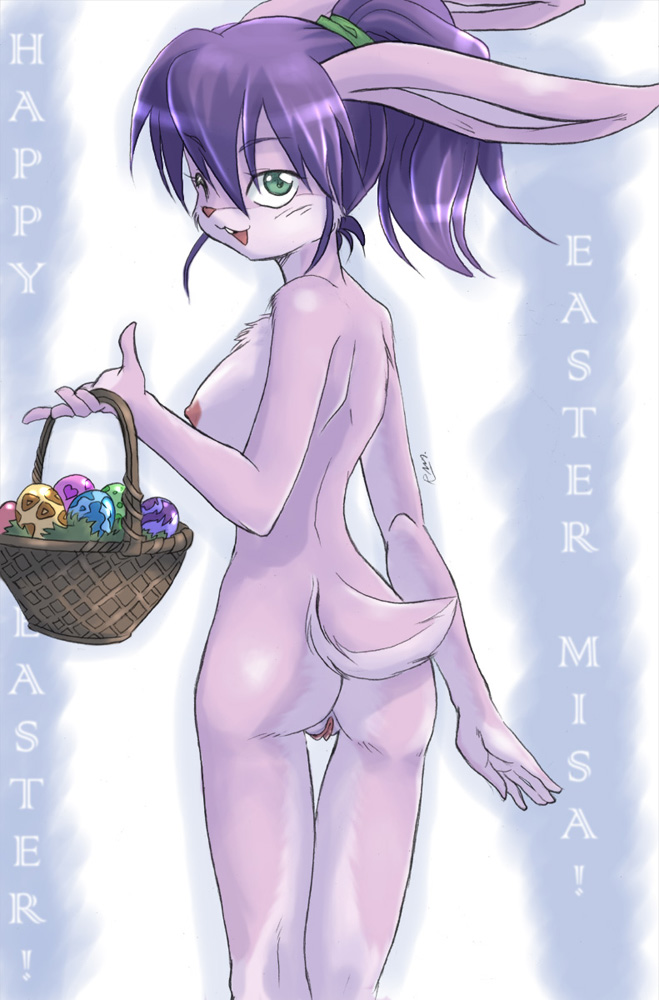 back basket breasts butt chest_tuft easter eggs female green_eyes jumpyneko lagomorph looking_at_viewer looking_over_shoulder nipples nude open_mouth ponytail purple_hair pussy rabbit raised_tail side_boob solo tail thigh_gap
