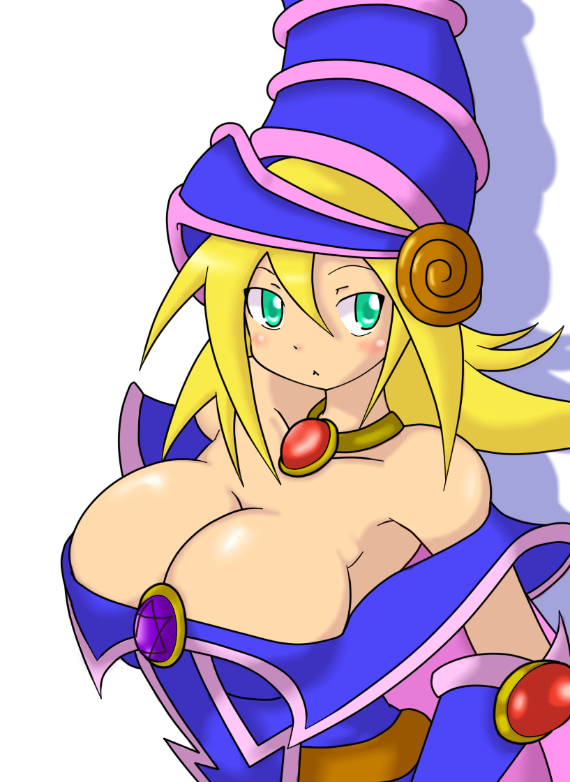 :&lt; artist_request blonde_hair blush breasts cleavage dark_magician_girl duel_monster jewelry large_breasts necklace yu-gi-oh! yuu-gi-ou_duel_monsters