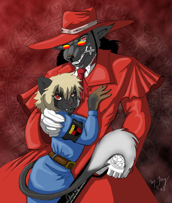 &dagger; alucard canine cat feline female glasses gun hat hellsing male red_eyes seras_victoria shadowmyst vampire weapon wolf