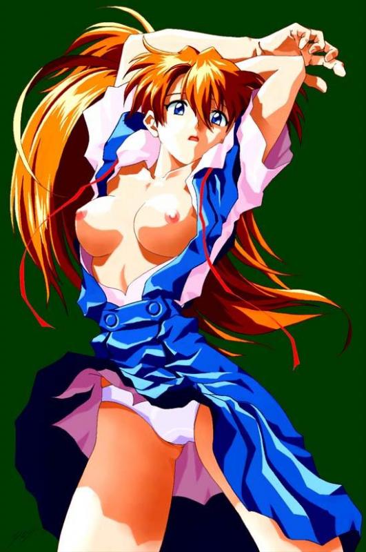 1girl areolae arms_up blue_eyes breasts brown_hair green_background legs long_hair looking_at_viewer neon_genesis_evangelion nipples no_bra open_clothes open_mouth open_shirt panties red_hair school_uniform shirt simple_background skirt skirt_lift solo soryu_asuka_langley souryuu_asuka_langley standing thighs underwear upskirt white_panties