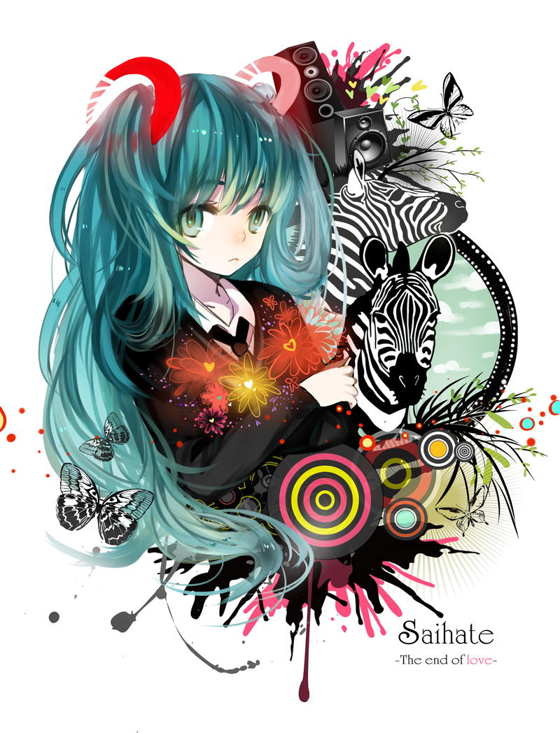 aqua_eyes aqua_hair bad_id bad_pixiv_id bug butterfly hatsune_miku insect long_hair necktie saihate_(vocaloid) shell_(shell518) solo speaker twintails vocaloid zebra
