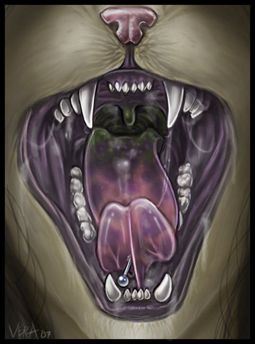 bethany_sellers crimsonsacrifice curled curled_tounge fangs feline female gaping_maw honey_vera_hali langurhali maw muzzle open_mouth piercing solo teeth toothy tounge vore