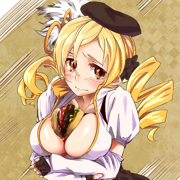 beret between_breasts blonde_hair breasts brown_eyes cleavage drill_hair embarrassed fingerless_gloves food gloves hair_ornament hairpin hamburger hat ketchup large_breasts mahou_shoujo_madoka_magica puffy_sleeves short_hair solo tomoe_mami twin_drills twintails uno_ichi
