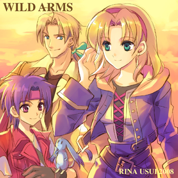 2008 2boys bad_id bad_pixiv_id bandages belt blonde_hair blue_hair cecilia_lynne_adelhyde coat copyright_name creature earrings gloves green_eyes hairband hanpan headband jack_van_burace jewelry long_hair lowres multiple_boys ponytail purple_eyes red_hairband red_vest rody_roughnight shirt signature smile usui_rina vest wild_arms wild_arms_1 yellow_background
