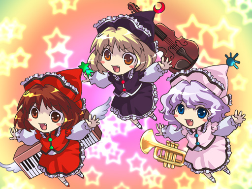 bad_id bad_pixiv_id blonde_hair blush brown_hair chibi crescent dress fang full_body happy hat instrument keyboard_(instrument) lavender_hair lunasa_prismriver lyrica_prismriver merlin_prismriver multiple_girls open_mouth outstretched_arms piano rainbow_background short_hair shuri_yasuyuki spread_arms star starry_background touhou trumpet violin wings