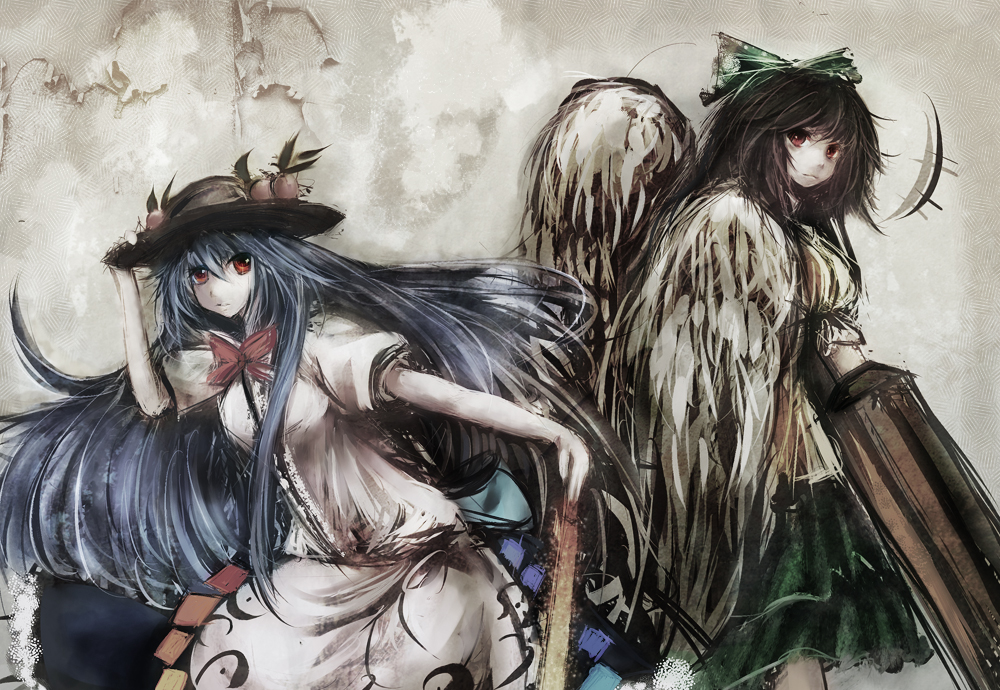 arm_cannon bad_id bad_pixiv_id blue_hair brown_hair cape dot_heit food fruit hat hinanawi_tenshi long_hair multiple_girls peach red_eyes reiuji_utsuho ribbon touhou weapon wings