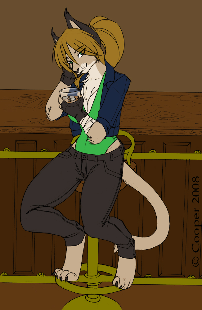 2008 alcohol bar breasts brown_hair claws cleavage clothed clothing cooper_(artist) cougar digitigrade drinking feline female green_eyes hair half-closed_eyes hybrid indoors inside jacket jeans long_brown_hair long_hair looking_at_viewer lynx pants ponytail solo stool swimsuit t'song tail whisky