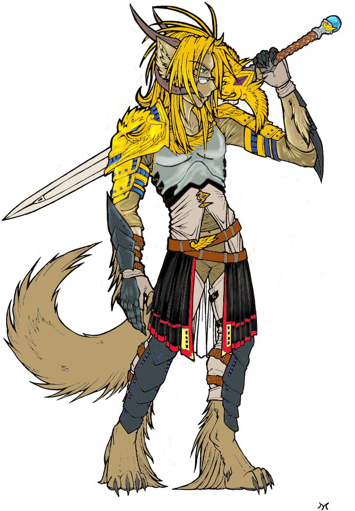armor canine character_ravenian colored furcadia horns male mmhelm pose roleplay solo standing sword tail weapon wolf